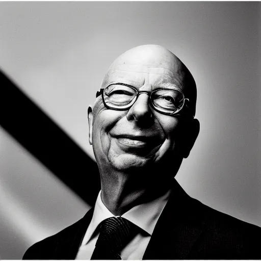 Prompt: klaus schwab, portrait photo, black and white, dramatic lighting