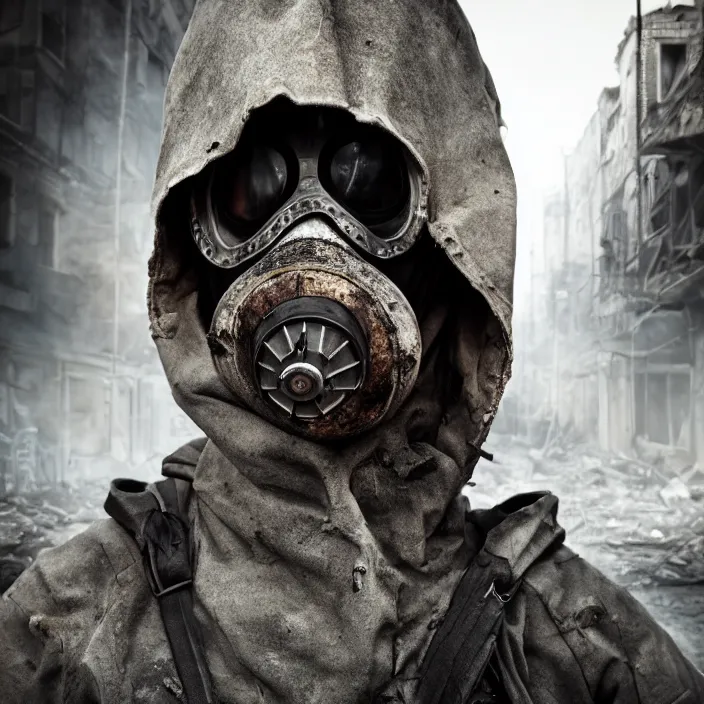 Image similar to hooded apocalyptic man in gas mask standing in street of destroyed city, hyper - detailed, smooth, sharp focus, 4 k ultra hd, fantasy dark art, apocalyptic art