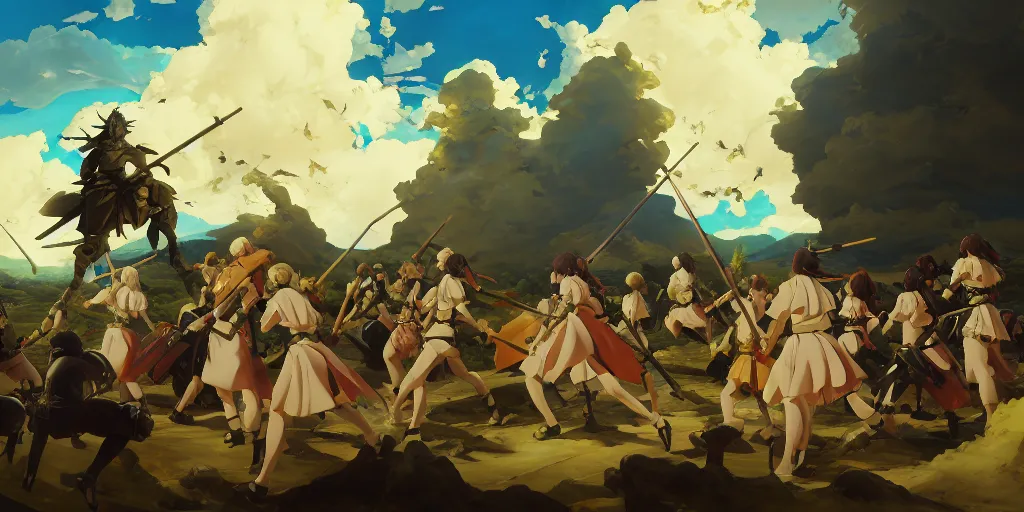 Image similar to baroque oil painting of key visual environment concept art of anime maids fighting a crusade for the anglican church, brutalist, dark fantasy, rule of thirds golden ratio, fake detail, trending pixiv fanbox, acrylic palette knife, style of makoto shinkai studio ghibli genshin impact jamie wyeth james gilleard greg rutkowski chiho aoshima