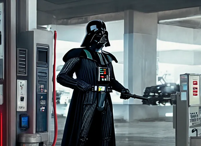 Image similar to film still of Darth Vader works at a gas station in the new Star Wars movie, 4k