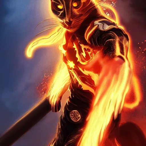 Image similar to ghost rider as a cat, animal drawing, by artgerm, hd, hdr, ue 5, ue 6, unreal engine 5, realistic anime 3 d style, cinematic 4 k wallpaper, 8 k, ultra detailed, gta 5 cover art, high resolution, artstation, award winning