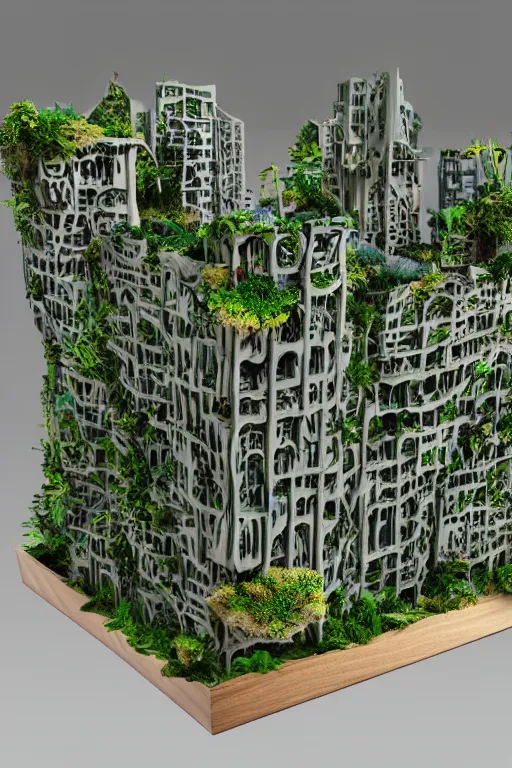 Image similar to 3 d printed physical model organic flowy including more than one city into one vertical building model that sits on a table in a room with a view back, multiple stories, wooden, with vegetation, colorful, eye - level view, 8 0 k, octane render, highly detailed 3 d render,