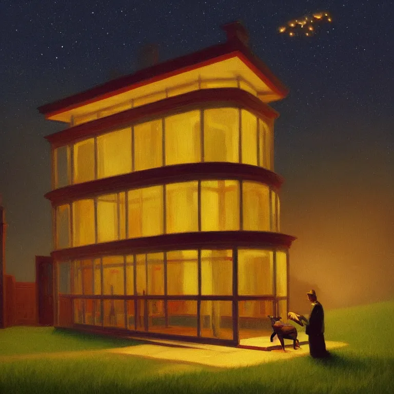 Image similar to a storybook illustration of a scared animal, fireflies, quiet night foggy scene painted by Edward Hopper masterpiece, intricate, elegant, fantasy, highly detailed, digital painting, concept art, sharp focus, artstation