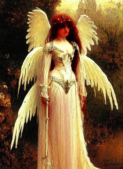 Image similar to vertical prtrait of an angel knight gothic girl, baroque dress. by gaston bussiere