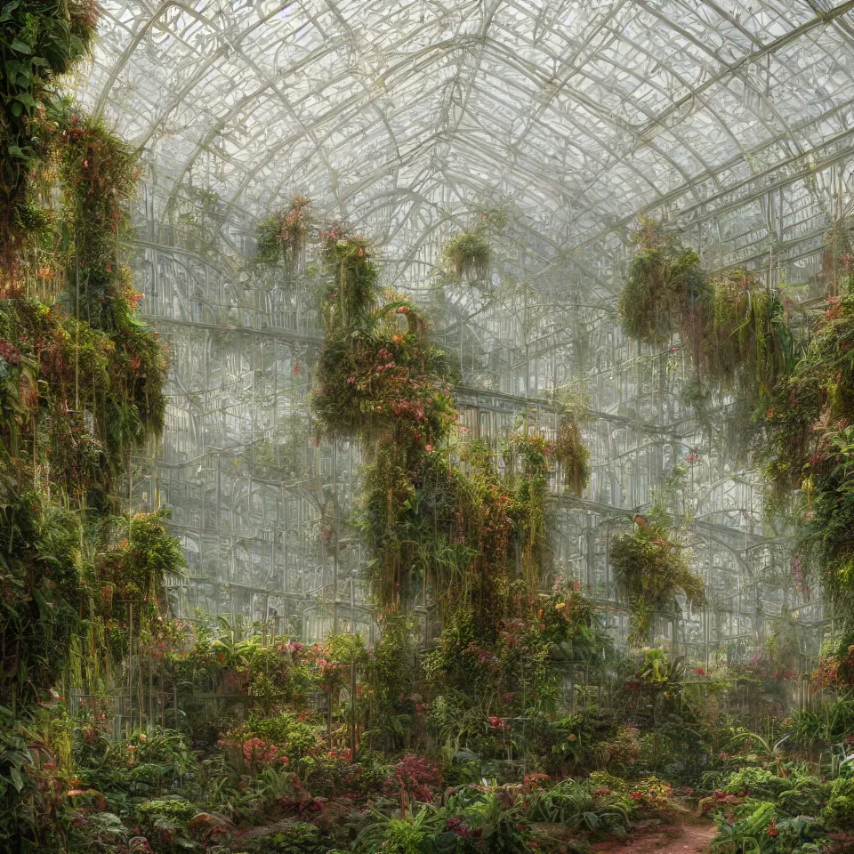 Prompt: a beautiful hyperrealistic detailed matte painting of the inside interior of an ornate art deco greenhouse with overgrown plants, by john howe, lee madgwick, hubert robert, thomas kinkade epic scale ultrawide angle, deviantart, 4 k wallpaper, dawn, warm cinematic volumetric lighting, deep colors, realism, photorealism, photograph