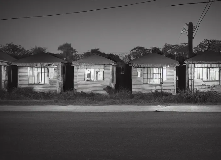 Image similar to small suburban houses in South Africa at night inspired by Edward Hopper, Photographic stills, photography, fantasy, moody lighting, dark mood, imagination, cinematic