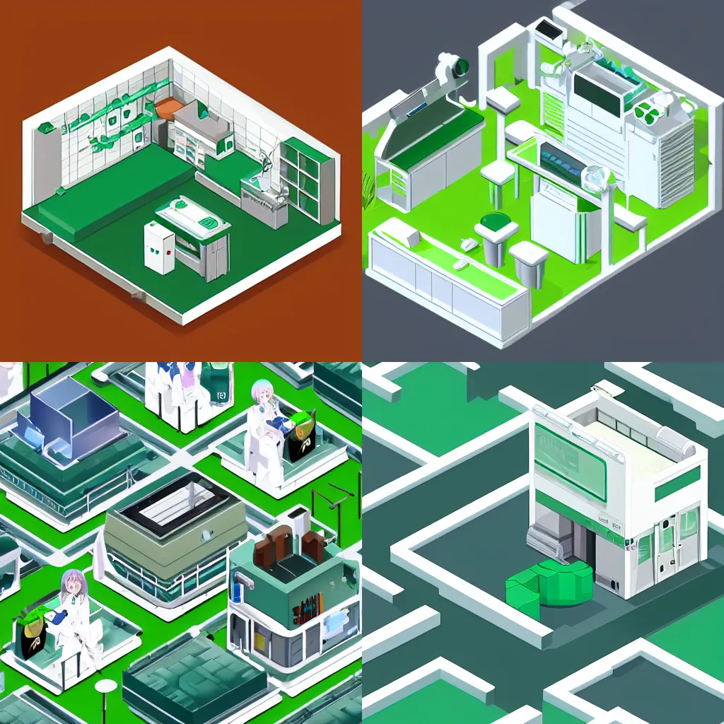 Prompt: isometric chemical laboratory, pale greens and whites, anime style, 3d