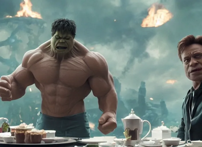 Image similar to film still of hulk having a tea party in the new avengers movie, 4 k