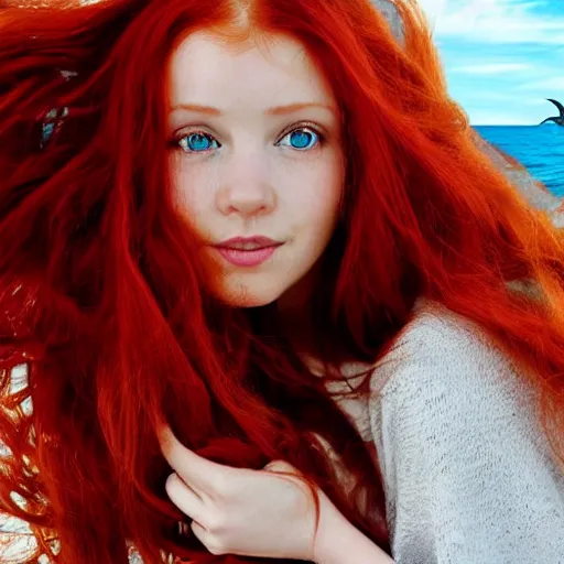 Prompt: a hyper realistic image of a very beautiful red haired girl standing near a window, she is facing the camera, a dolphin is swimming in the sky