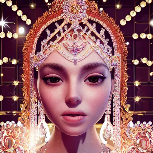 Image similar to portrait of pretty princess with perfect skin, glowing, ornate and intricate diamond jewelry, jaw dropping beauty, ornate and intricate backdrop, white accent lighting, hyper detailed, 4 k octane render