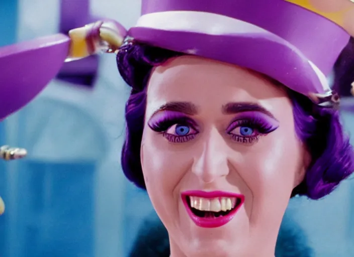 Image similar to a film still closeup of candy katy perry in willy wonka and the chocolate factory