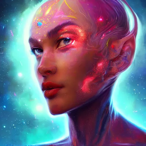 Image similar to highly detailed close up portrait of a celestial with a body made of spacedust, concept art, character art, studio lightning, bright colors, intricate, masterpiece, photorealistic, hiperrealistic, sharp focus, high contrast, Artstation HQ, DeviantArt trending, 4k UHD, Unreal Engine 5