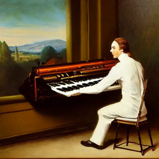 Prompt: Frederick Chopin on a stage playing a keytar, photorealistic painting
