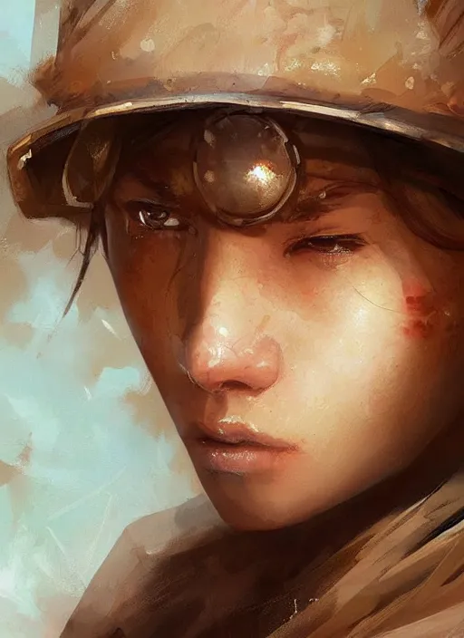 Image similar to portrait of desert warrior by krenz cushart, detailed face, close - up, fantasy, oil painting, featured on pixiv, highly detailed, elegant, sharp focus