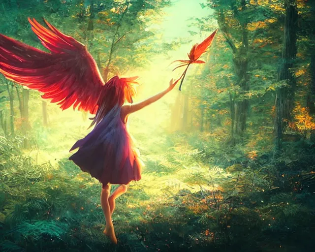 Prompt: a Phoenix girl with two red wings soaring though a forest, girl with feathers, anthropomorphic phoenix girl, sunlit, wide, trees, streams, matte painting, digital illustration, very vibrant colors, soft lighting, adventurous, atmospheric lighting, 8K, octane render. By Makoto Shinkai, Stanley Artgerm Lau, WLOP, Rossdraws, James Jean, Andrei Riabovitchev, Marc Simonetti, krenz cushart, Sakimichan, D&D trending on ArtStation, digital art.