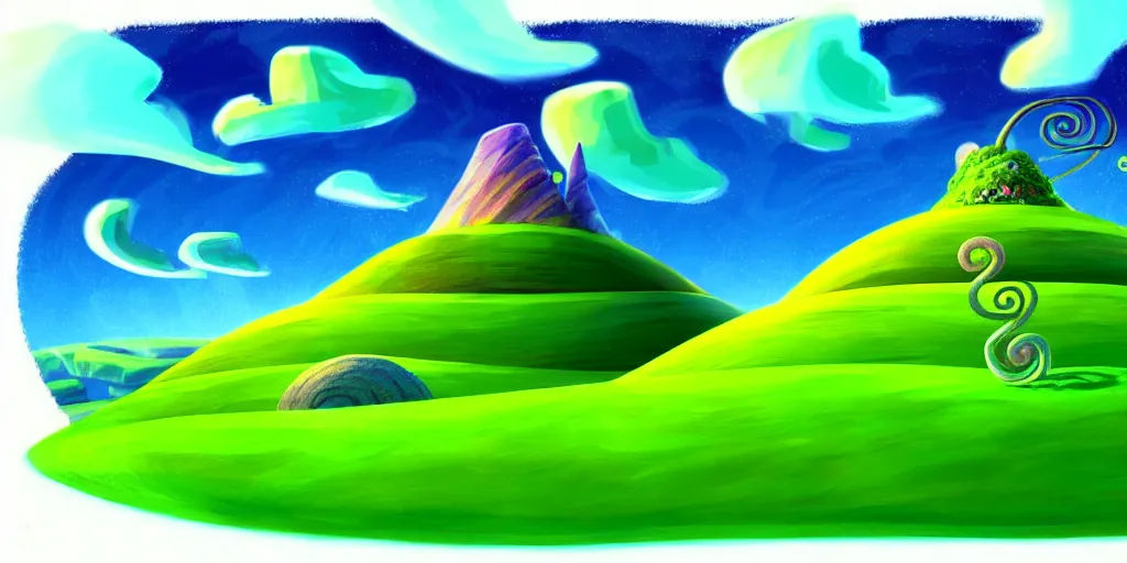 Prompt: night chubby cartoon concept art, grass spiral mountain landscape, from lorax movie, black blue green, spiral clouds