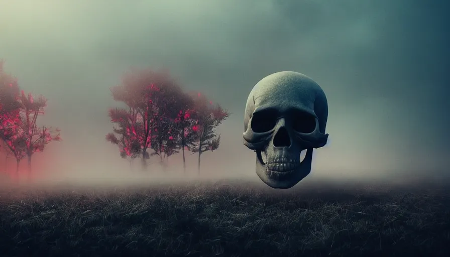 Image similar to Photorealistic Skull covered in thin red strings Surrounded by thick fog and puffy magical clouds that glow from lights in the distance, volumetric lighting, haze, atmosphere, magical lighting, digital art, wallpaper, octane, redshift, creepy, shallow depth of field