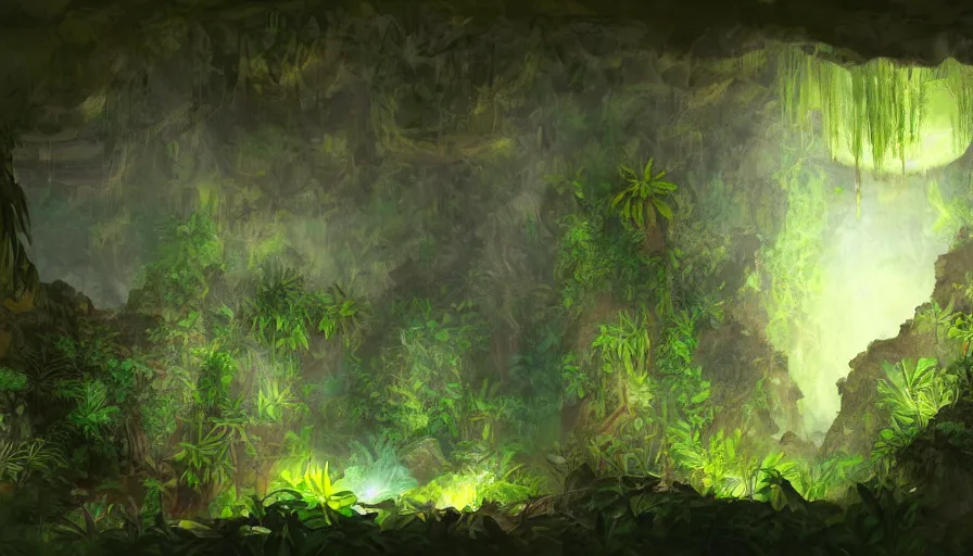 Image similar to concept art sketch of underground jungle cave with luminescent plants