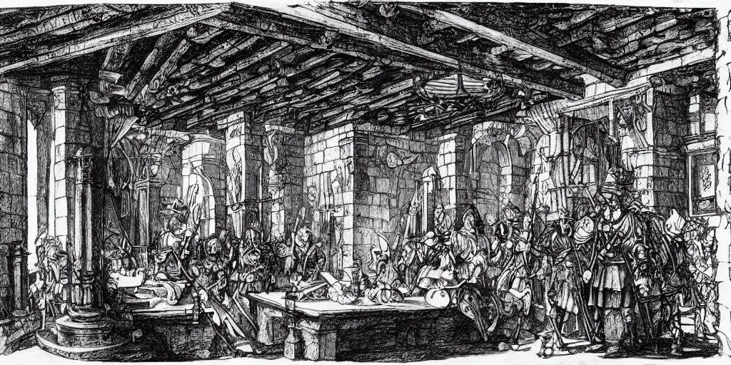 Image similar to fantasy tavern interior, d & d, art by albrecht durer and piranesi, black ink sketch, black and white, vector, vector art