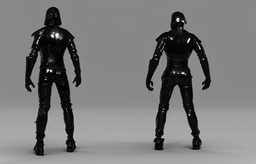 Image similar to futuristic warrior with black latex, with his back to the viewer, futuristic latex armor, back light, full body view, 8 k, 3 d render, cinematic lighting