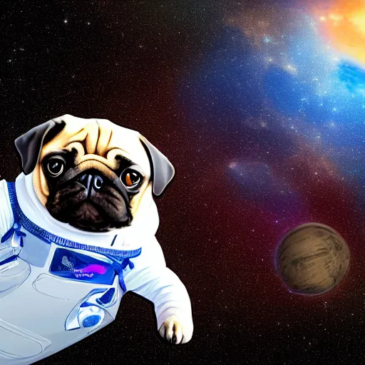 Image similar to A pug in a spacesuit floating through space. Photorealistic.