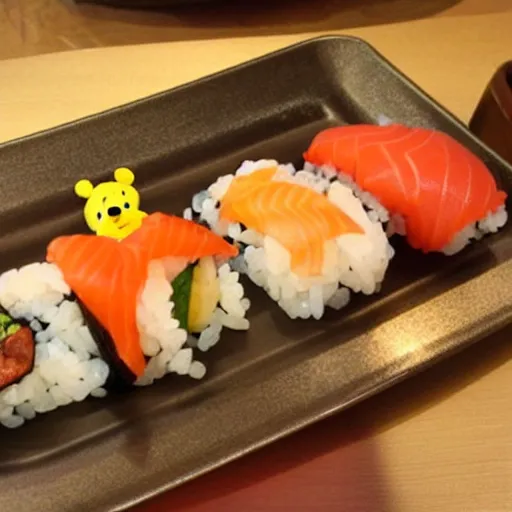 Image similar to Winnie the Pooh eating sushi