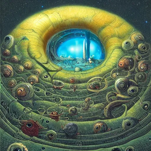 Prompt: a utopian city resting on the tongue of yog-soggoth as he slumbers curled around a BlackHole in outer space by Daniel Merriam-W 1216