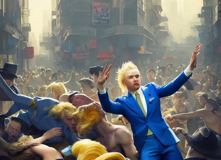 Image similar to a blond man in a blue suit wounded surrounded by a crowd, organic painting, sunny day, matte painting, bold shapes, hard edges, street art, trending on artstation, by huang guangjian, gil elvgren, ruan jia, randy vargas, greg rutkowski