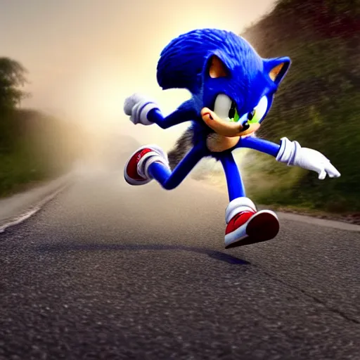 Image similar to hyperrealistic sonic the hedgehog running, stunning 3 d render inspired by istvan sandorfi & greg rutkowski & mike judge, perfect symmetry, dim volumetric cinematic lighting, 8 k octane comprehensive render, extremely mega hyper - detailed and lifelike attributes & atmosphere, intricate, realistic flesh texture, masterpiece, artstation, stunning,