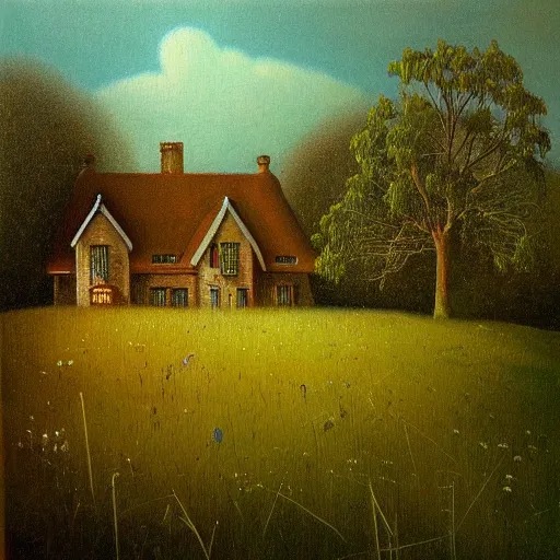 Prompt: A painting of a beautiful cottage, with a lush grass lawn, featuring a tree in the style of Beksinski