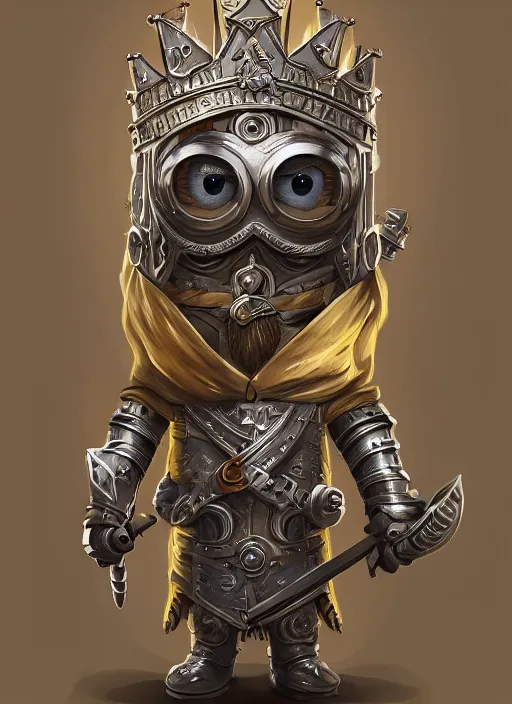 Image similar to Minion Bob as a Knight King, funny pose, fantasy art, intricate, ornate, Hyperdetailed, digital art, behance, artstation, smooth, illustration, digital painting, elegant, symmetrical,