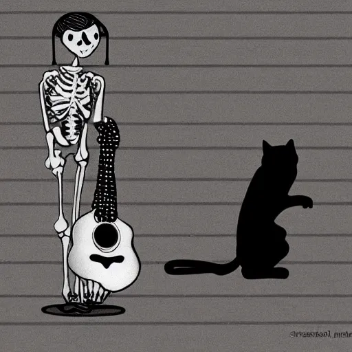 Image similar to skeleton wearing headphones watching girl playing guitar with her black cat standing next to her, digital art