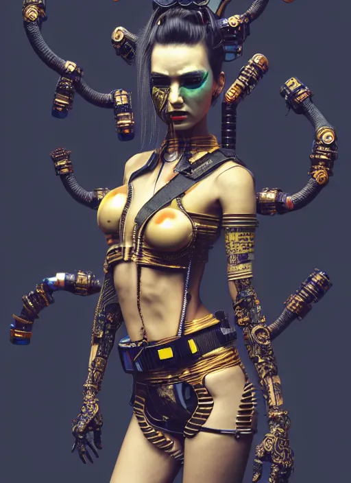 Prompt: full body portrait of a cyberpunk geisha raver gutter punk cyborg, golden ratio, details, scifi, dark fantasy, cyberpunk, intricate, ornate, highly detailed, octane render, 8 k, artstation, loish, wlop