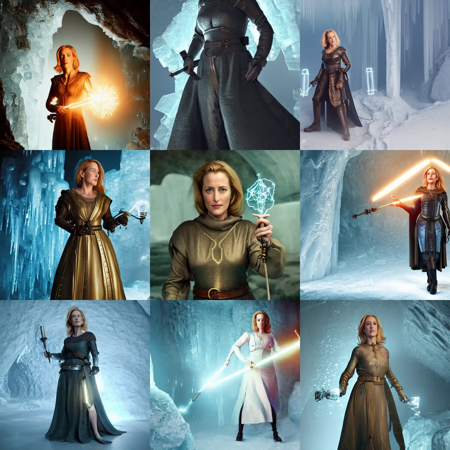 Prompt: Gillian Anderson wearing medieval tunic, holding a small glowing magical wand with electrical bolts emitting from it. In a cave made of ice. Trending on Artstation, octane render, ultra detailed, art by Ross tran