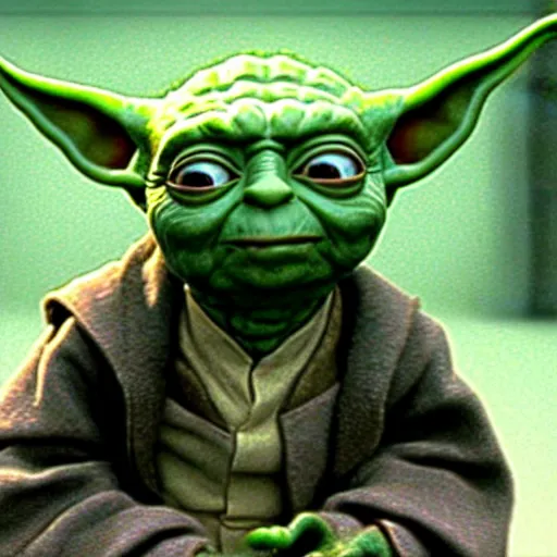 Image similar to mr. bean as yoda from star wars. movie still. cinematic lighting.