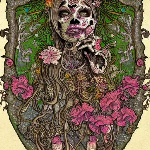 Prompt: detailed rotten woman skull corpse with fractal plants and fractal flowers and mushrooms growing around, symmetrical, ornate, ornamentation, illustration, in the style of art nouveau, mucha