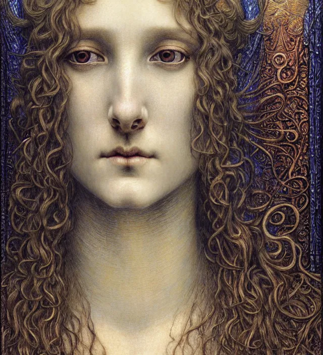 Image similar to detailed realistic beautiful young medieval queen face portrait by jean delville, gustave dore and marco mazzoni, art nouveau, symbolist, visionary, gothic, pre - raphaelite. horizontal symmetry