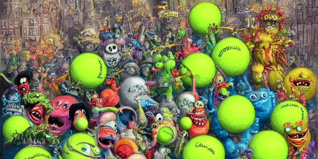 Image similar to tennis ball monsters, parade, theme park, digital art, fantasy, magic, chalk, chalked, trending on artstation, ultra detailed, detailed, fine details, professional illustration by basil gogos