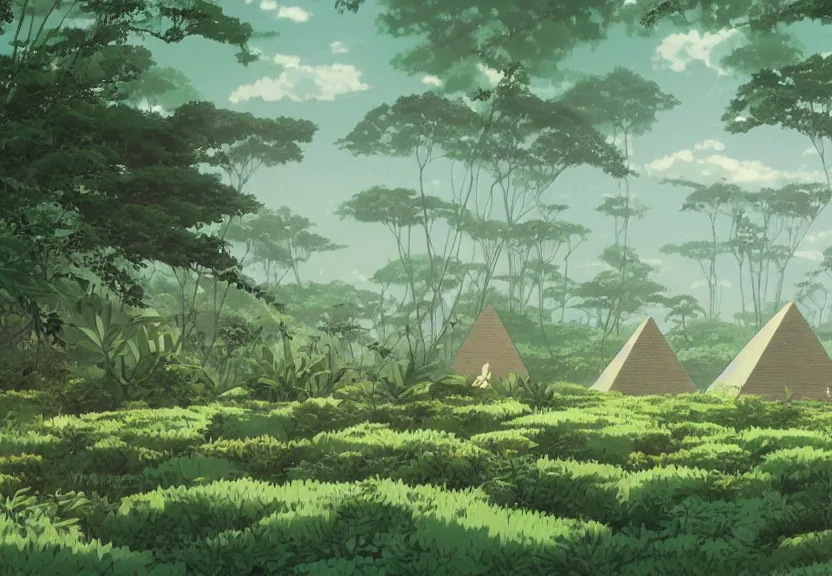 Prompt: a movie still from a studio ghibli film showing several large white pyramids in a swampy jungle. by studio ghibli