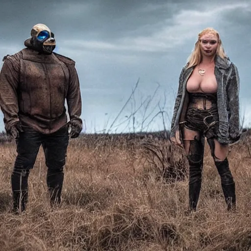 Prompt: a very huge, very big masked mutant man standing next to a small blonde woman. The mutant is huge very big very muscular. The woman is blonde and small, short. They are staring at the horizon where there are the ruins of a city, postapocalyptic, movie still