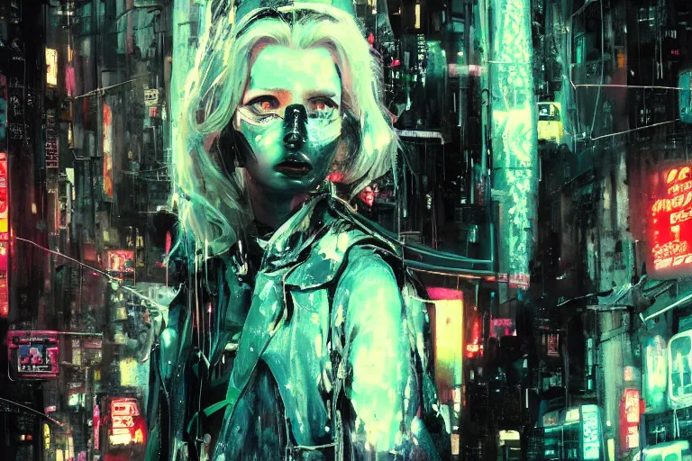 Prompt: detailed film still of portrait neon operator lady emma roberts in the movie blade runner, messy ponytail, cyberpunk futuristic, neon, reflective puffy coat, decorated with traditional japanese by ismail inceoglu dragan bibin hans thoma greg rutkowski alexandros pyromallis nekro, illustrated, perfect face, fine details, realistic shaded, fine - face, pretty face