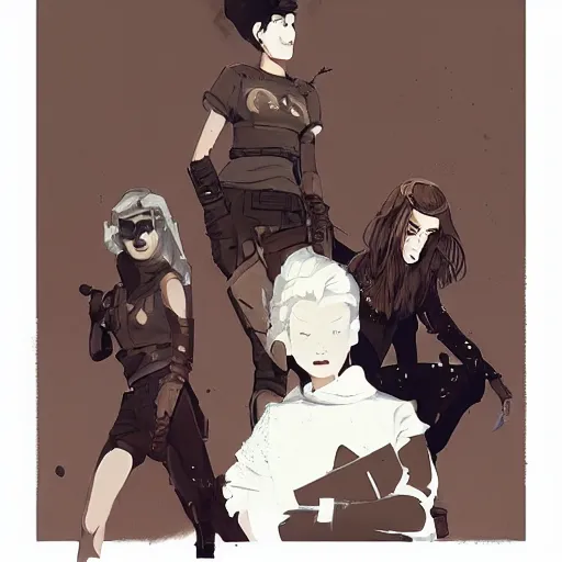 Prompt: portrait of stoic heroic blonde tomboy butch woman engineer and tall brunette goth feminine woman standing back to back by atey ghailan, by greg rutkowski, by greg tocchini, by james gilleard, by joe fenton, by kaethe butcher, dynamic lighting, gradient light blue, brown, blonde cream and white color scheme, grunge aesthetic