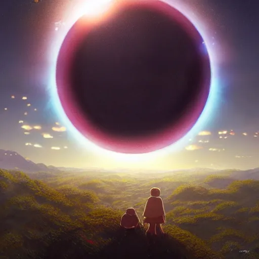 Image similar to a highly detailed matte painting of a solar eclipse, art by studio ghibli, makoto shinkai, by artgerm, by wlop, by greg rutkowski, volumetric lighting, octane render, 4 k resolution, trending on artstation, masterpiece