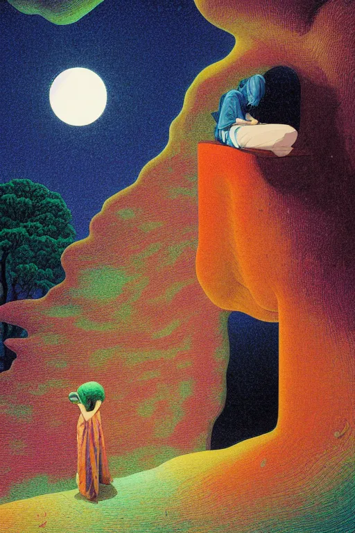 Image similar to man licks a tab of LSD acid on his tongue and experiences psychedelic hallucinations, by kawase hasui, moebius, Edward Hopper and James Gilleard, Zdzislaw Beksinski, Steven Outram colorful flat surreal design, hd, 8k, artstation