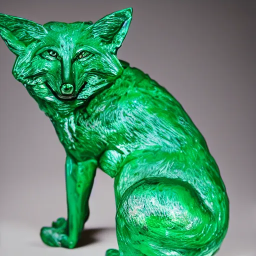 Prompt: Portrait photography of a terrifying Emerald fox sculpture