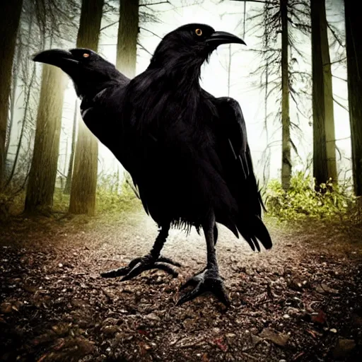 Image similar to werecreature consisting of a crow and a human, werecrow, photograph captured in a dark forest