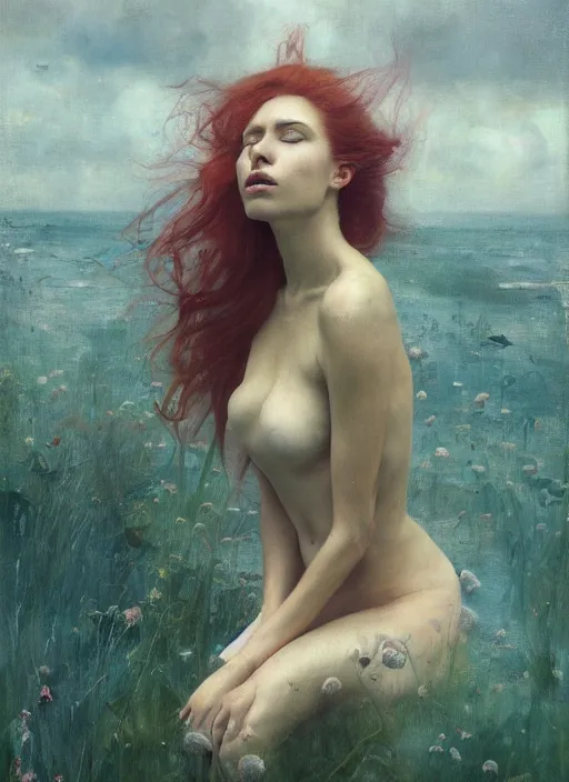 Prompt: queen of the garden, wind swept hair, murky underwater and dreaming by jeremy lipkin, vincent di fate, hieronymus bosch, rule of thirds, seductive look, beautiful