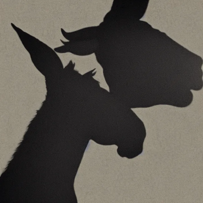 Image similar to 1 9 2 0 s horror movie poster featuring the silhouette of a head of a donkey, dark atmosphere, minimalist, sharp focus, smooth, dramatic lighting, 8 k