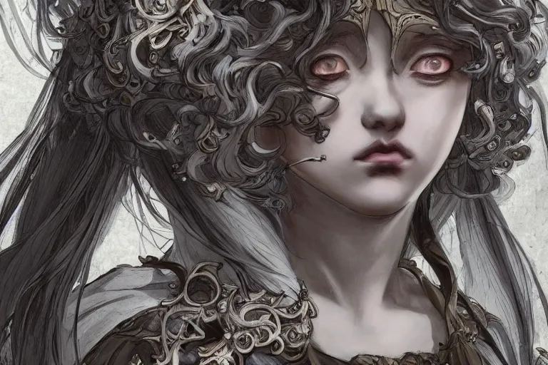 Prompt: close up shot of a sad woman, baroque style, elegant, concept art, fancy clothing, highly detailed, artstation, behance, deviantart, inspired by innocent manga, inspired by castlevania concept art, trending, ayami kojima, shinichi sakamoto