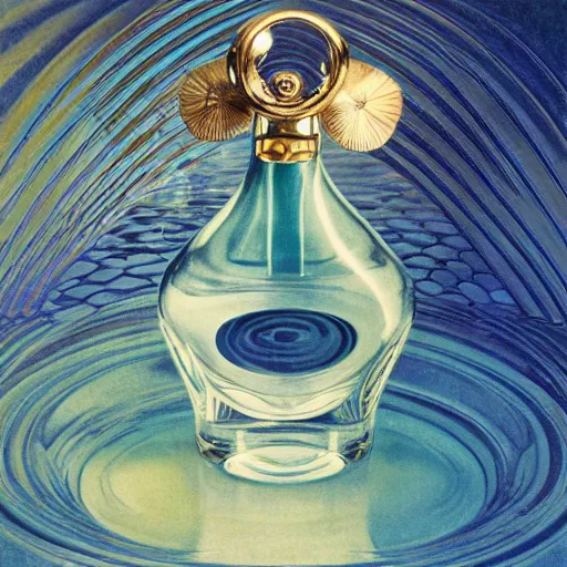 Image similar to perfume bottle in cool blue rippling flat water, serene, zen, minimalist, simple path traced, environment, up close shot shinji aramaki, karol bak, alphonse mucha